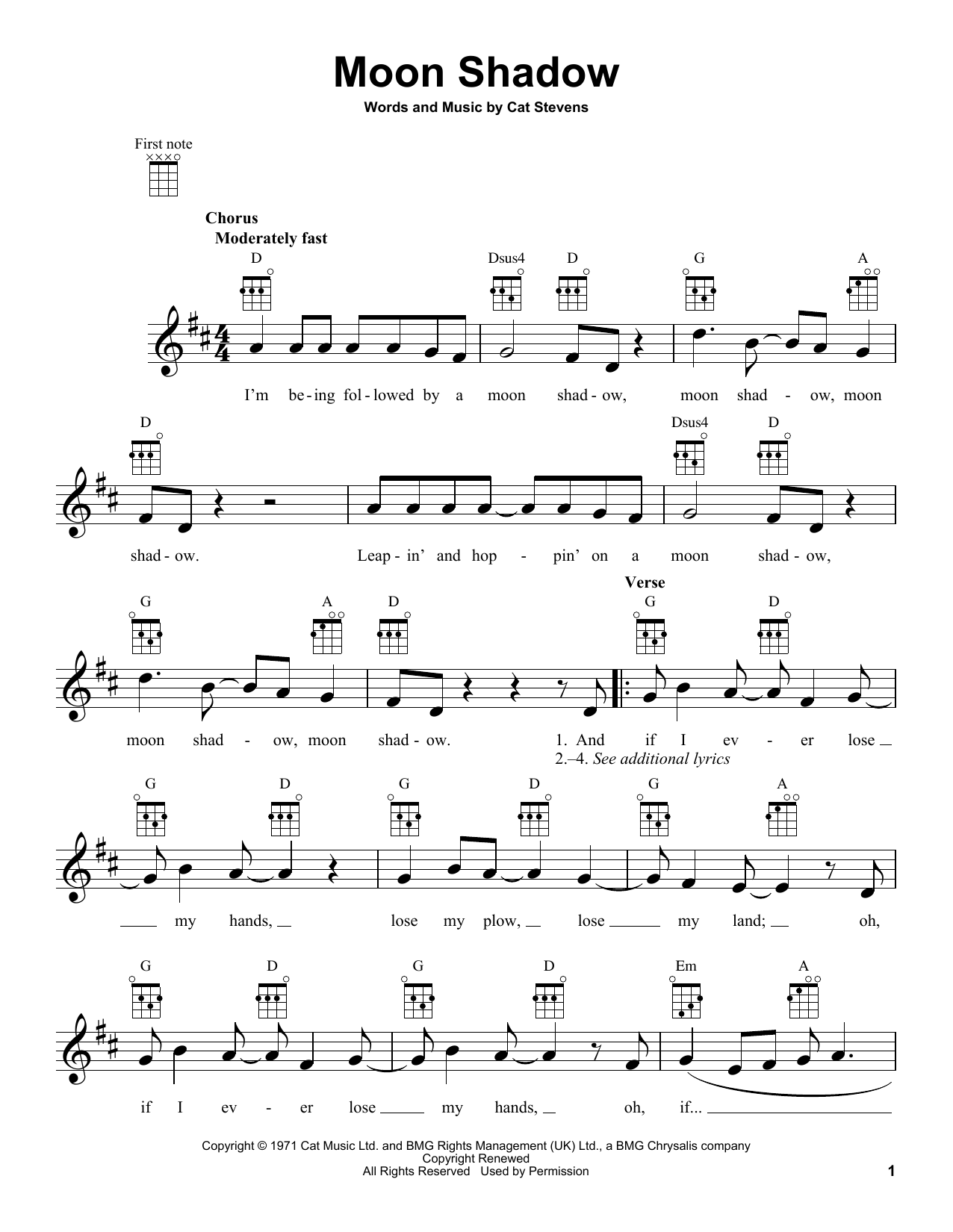 Yusuf/Cat Stevens Moon Shadow Sheet Music Notes & Chords for Ukulele - Download or Print PDF