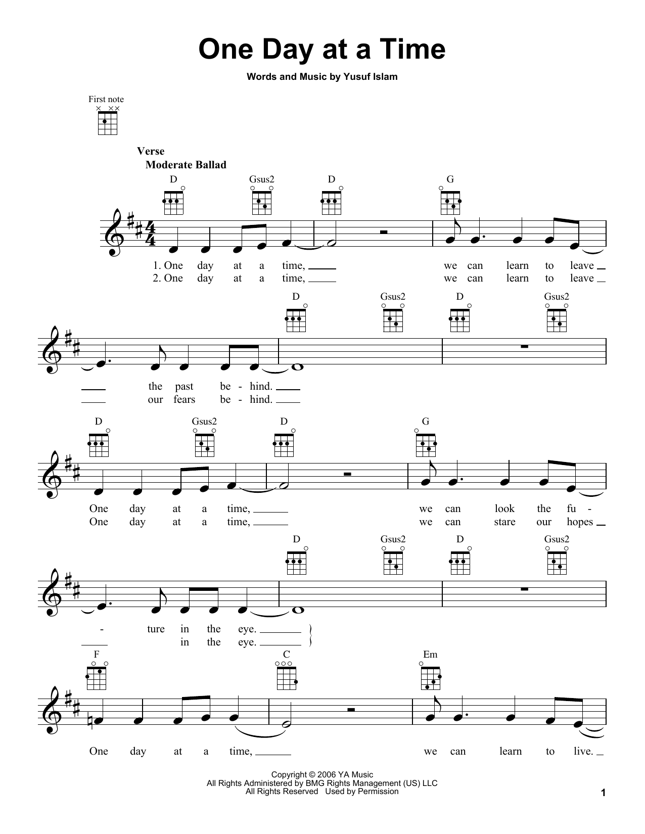 Yusuf/Cat Stevens One Day At A Time Sheet Music Notes & Chords for Ukulele - Download or Print PDF