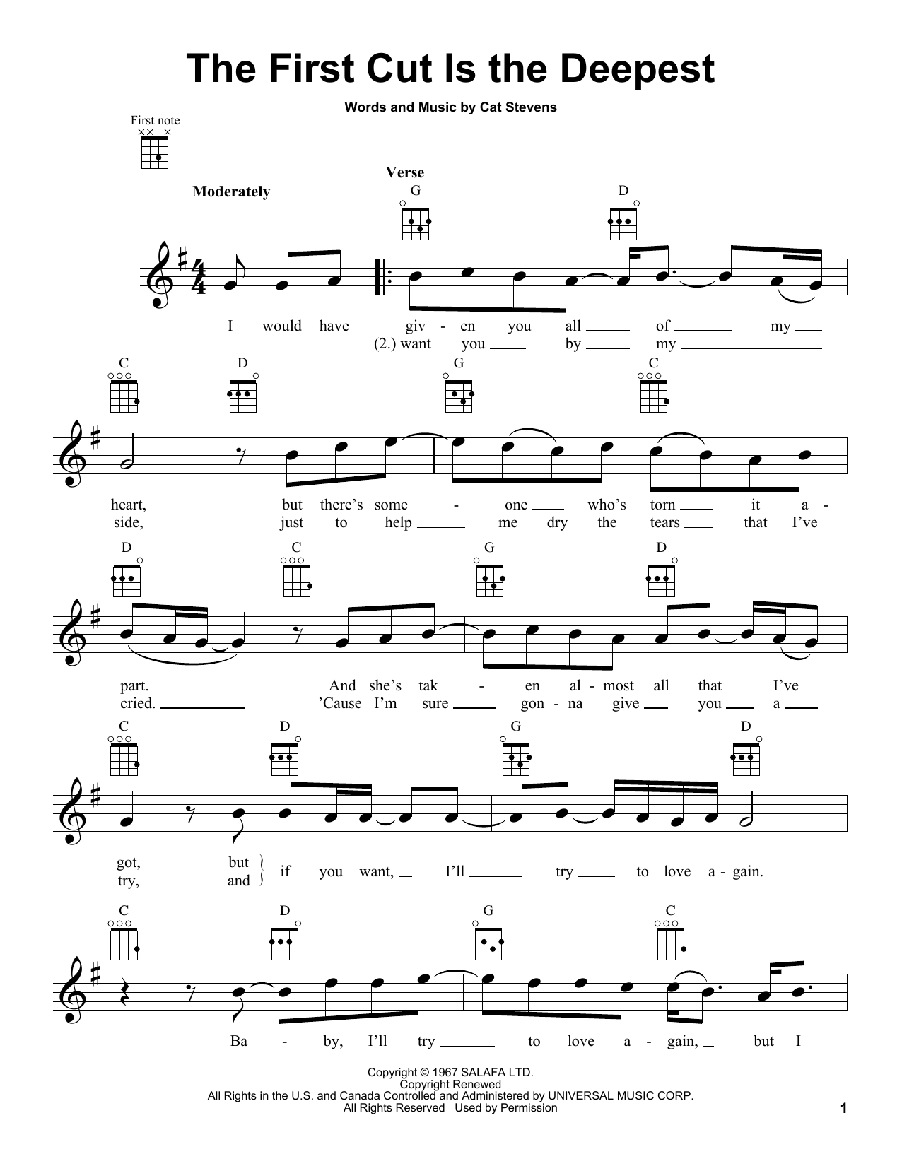 Yusuf/Cat Stevens The First Cut Is The Deepest Sheet Music Notes & Chords for Ukulele - Download or Print PDF