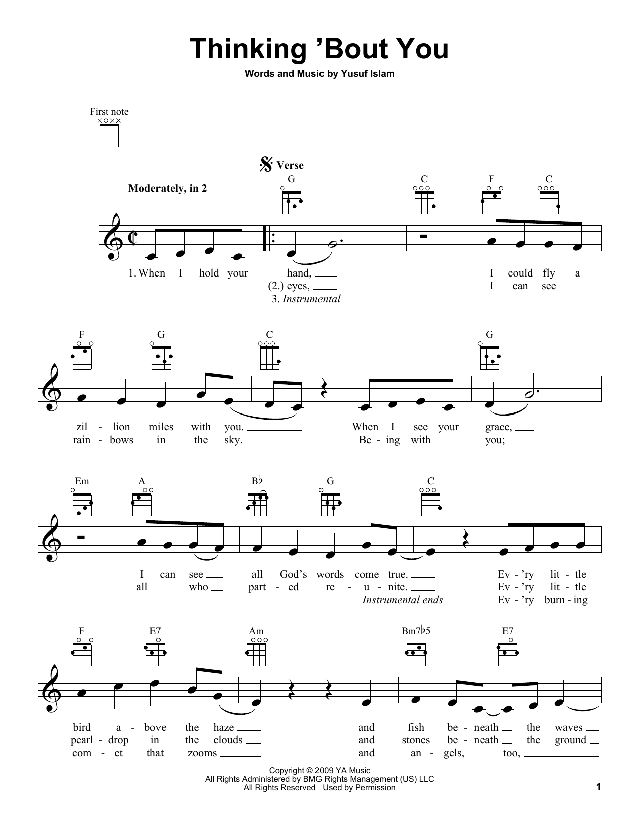 Yusuf/Cat Stevens Thinking 'Bout You Sheet Music Notes & Chords for Ukulele - Download or Print PDF