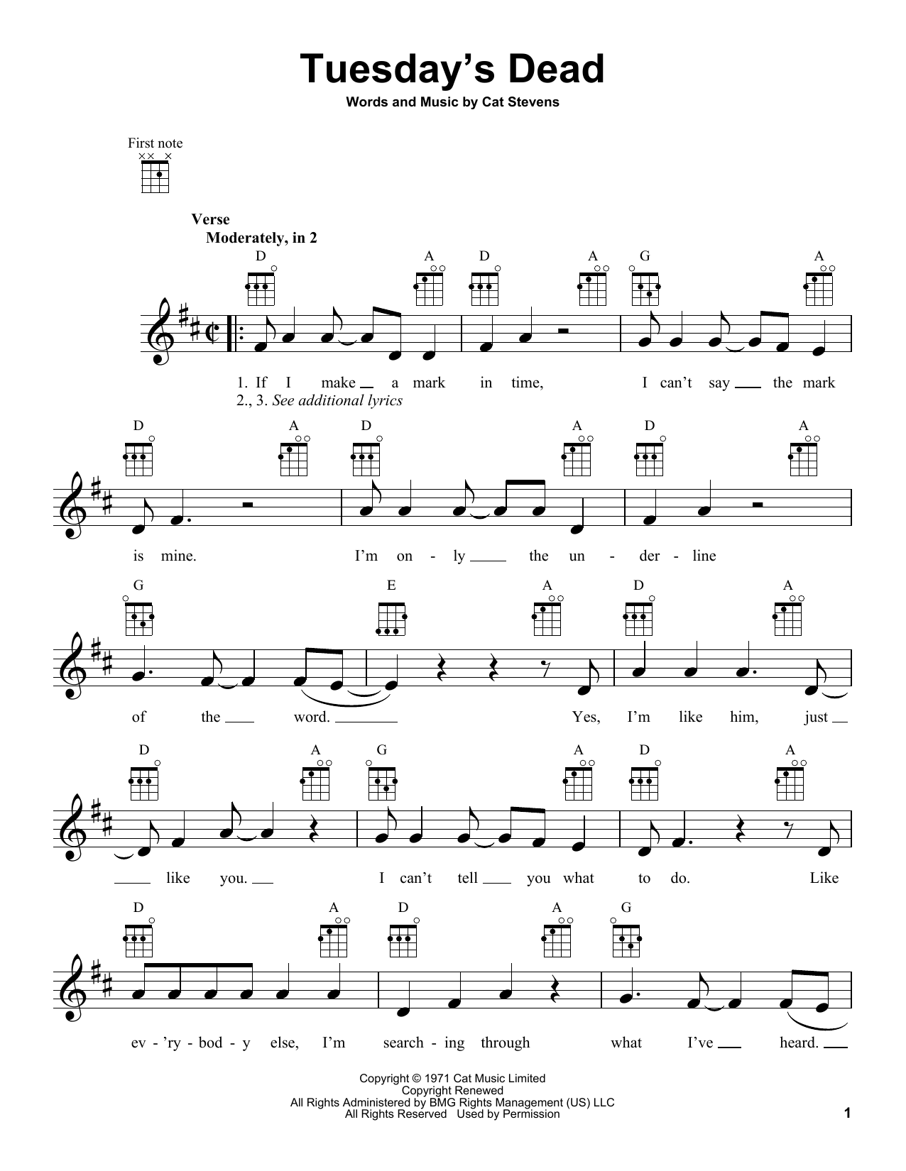 Yusuf/Cat Stevens Tuesday's Dead Sheet Music Notes & Chords for Ukulele - Download or Print PDF