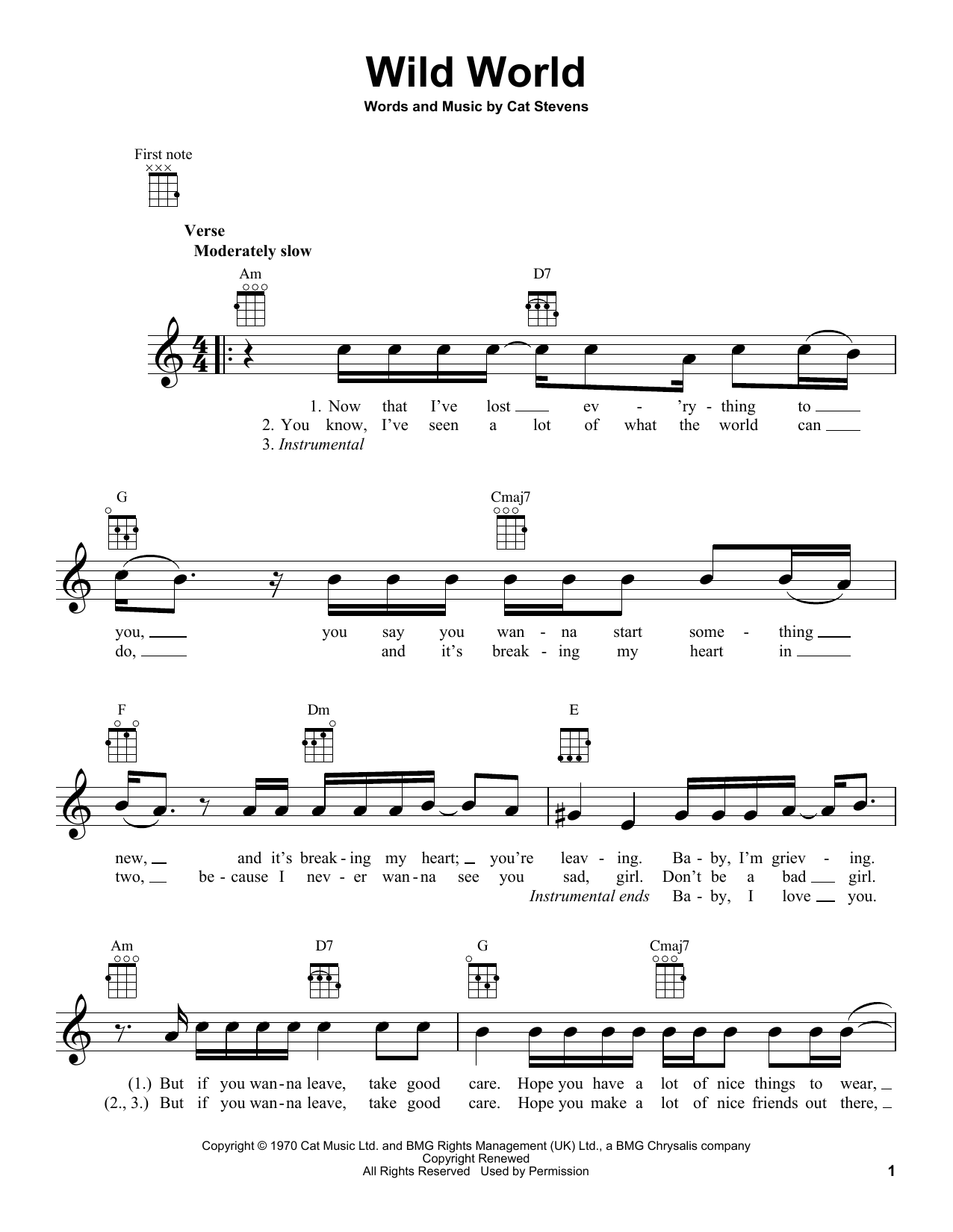 Yusuf/Cat Stevens Wild World Sheet Music Notes & Chords for Ukulele - Download or Print PDF