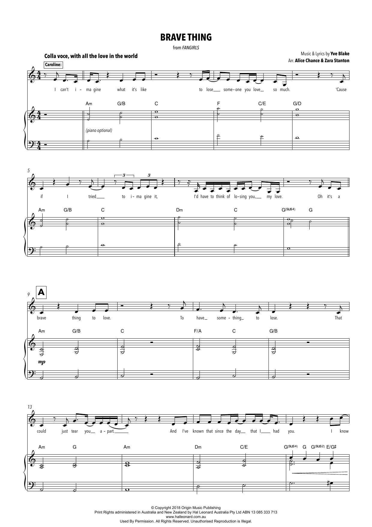 Yve Blake Brave Thing (from Fangirls) (arr. Alice Chance and Zara Stanton) Sheet Music Notes & Chords for Piano & Vocal - Download or Print PDF
