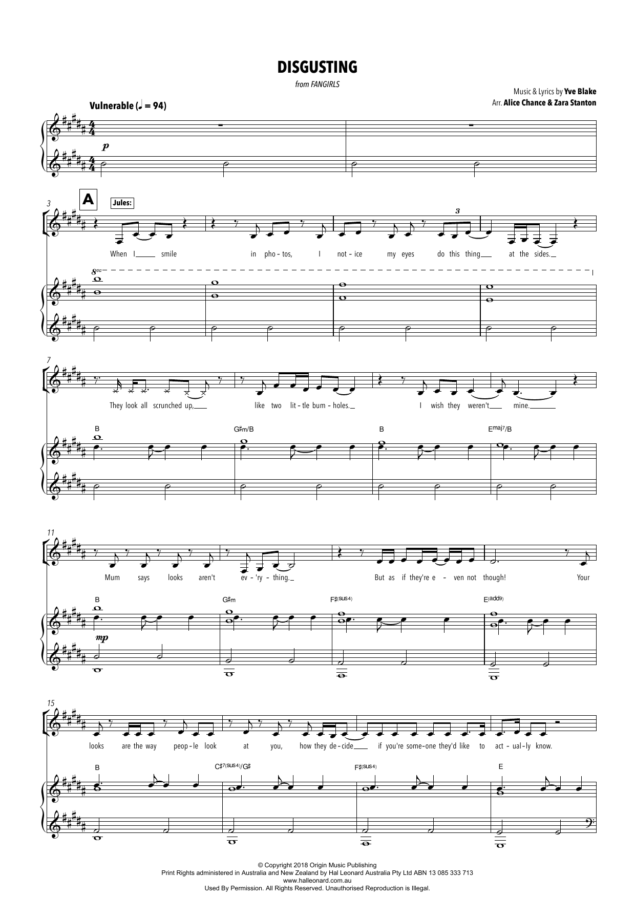 Yve Blake Disgusting (from Fangirls) (arr. Alice Chance and Zara Stanton) Sheet Music Notes & Chords for Piano & Vocal - Download or Print PDF