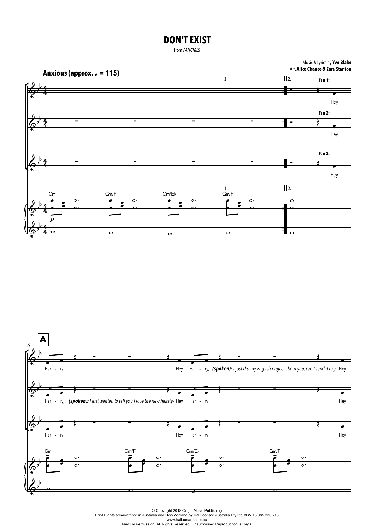 Yve Blake Don't Exist (from Fangirls) (arr. Alice Chance and Zara Stanton) Sheet Music Notes & Chords for Piano & Vocal - Download or Print PDF