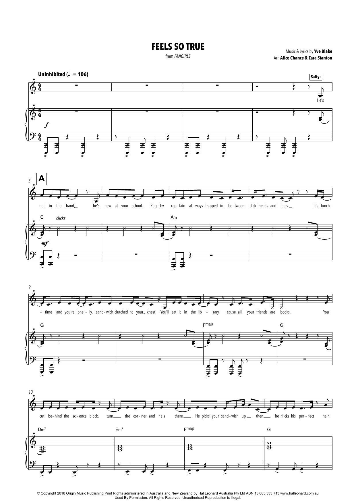 Yve Blake Feels So True (from Fangirls) (arr. Alice Chance and Zara Stanton) Sheet Music Notes & Chords for Piano & Vocal - Download or Print PDF