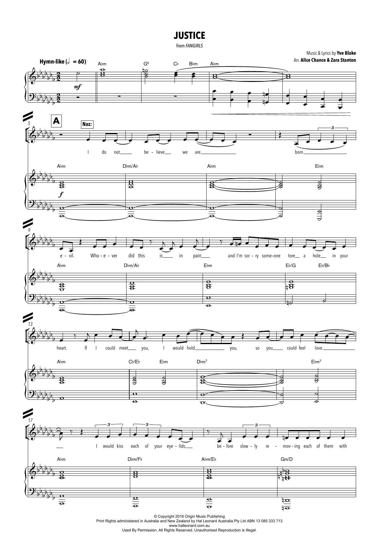 Yve Blake Justice (from Fangirls) (arr. Alice Chance and Zara Stanton) Sheet Music Notes & Chords for Piano & Vocal - Download or Print PDF