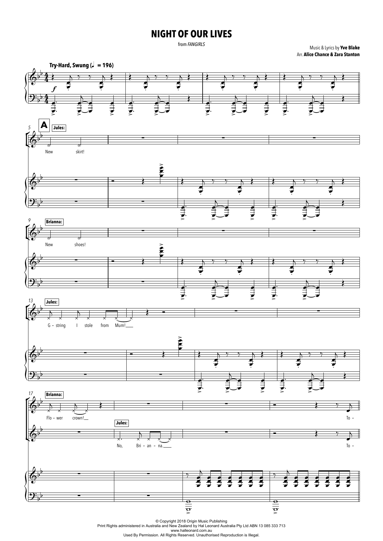 Yve Blake Night Of Our Lives (from Fangirls) (arr. Alice Chance and Zara Stanton) Sheet Music Notes & Chords for Piano & Vocal - Download or Print PDF