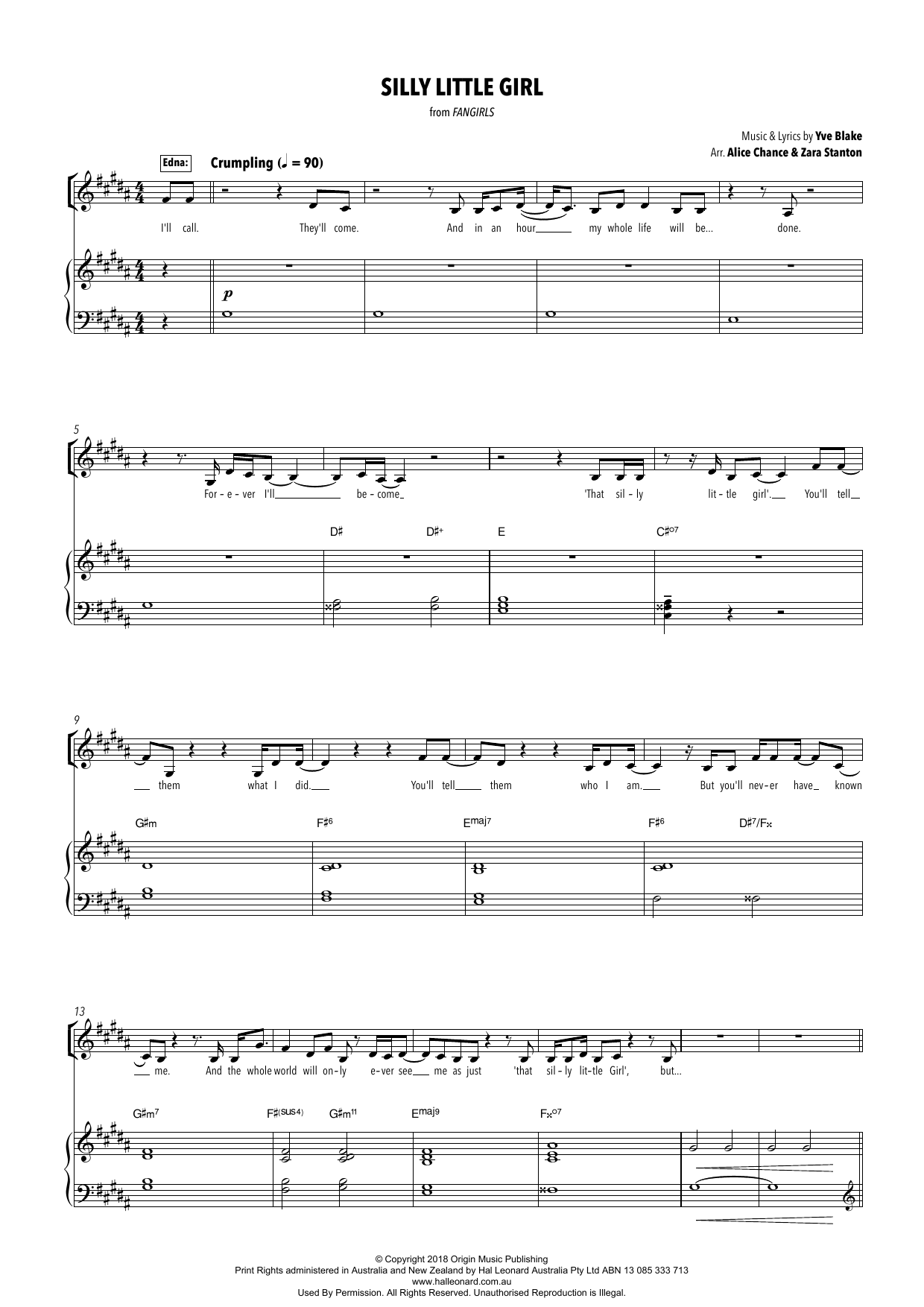 Yve Blake Silly Little Girl (from Fangirls) (arr. Alice Chance and Zara Stanton) Sheet Music Notes & Chords for Piano & Vocal - Download or Print PDF