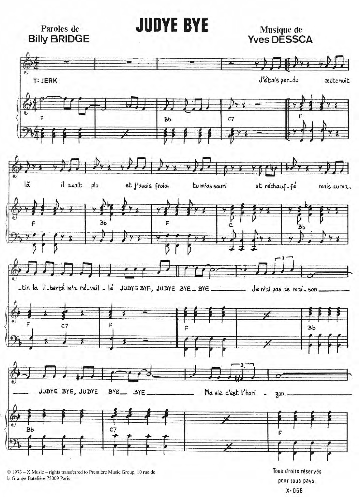 Yves Heuze Judy Bye Sheet Music Notes & Chords for Piano & Vocal - Download or Print PDF