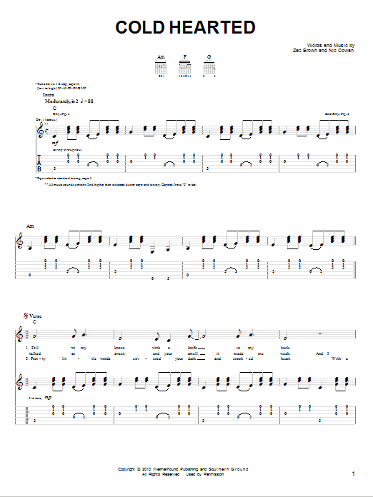 Zac Brown Band Cold Hearted Sheet Music Notes & Chords for Easy Guitar - Download or Print PDF