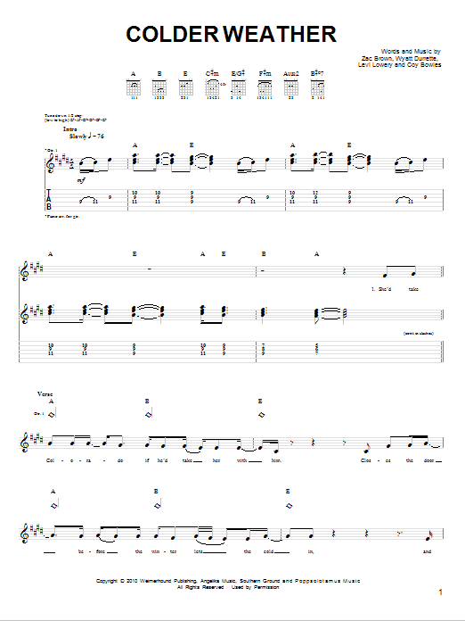 Zac Brown Band Colder Weather Sheet Music Notes & Chords for Easy Guitar - Download or Print PDF