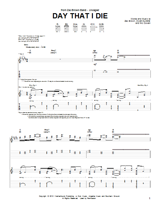 Zac Brown Band Day That I Die Sheet Music Notes & Chords for Guitar Tab - Download or Print PDF