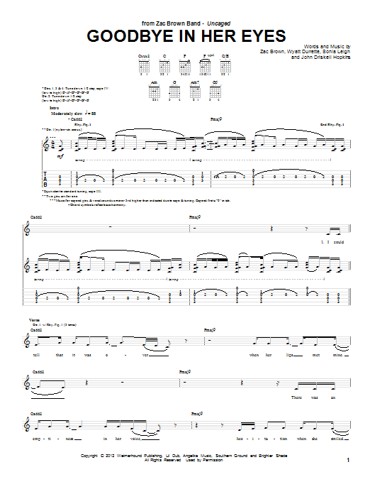 Zac Brown Band Goodbye In Her Eyes Sheet Music Notes & Chords for Guitar Tab - Download or Print PDF