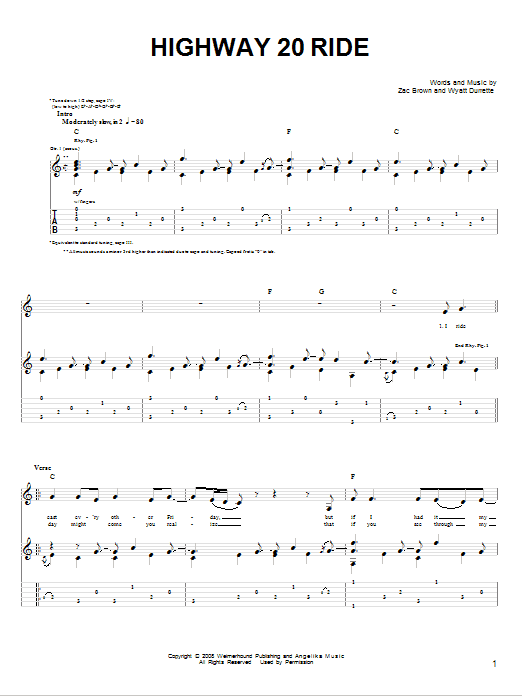 Zac Brown Band Highway 20 Ride Sheet Music Notes & Chords for Lyrics & Chords - Download or Print PDF
