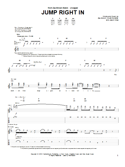 Zac Brown Band Jump Right In Sheet Music Notes & Chords for Guitar Tab - Download or Print PDF