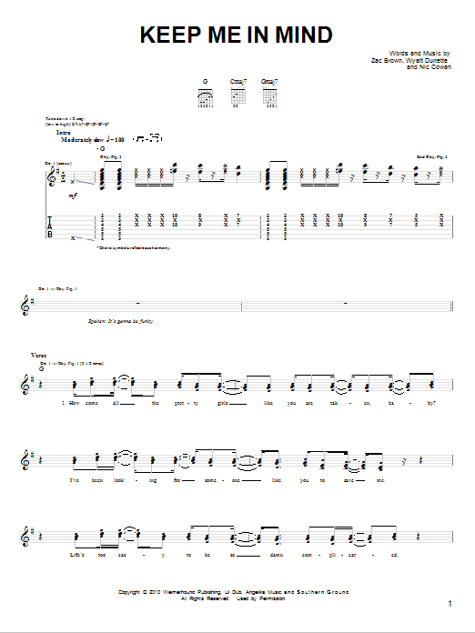 Zac Brown Band Keep Me In Mind Sheet Music Notes & Chords for Easy Guitar - Download or Print PDF