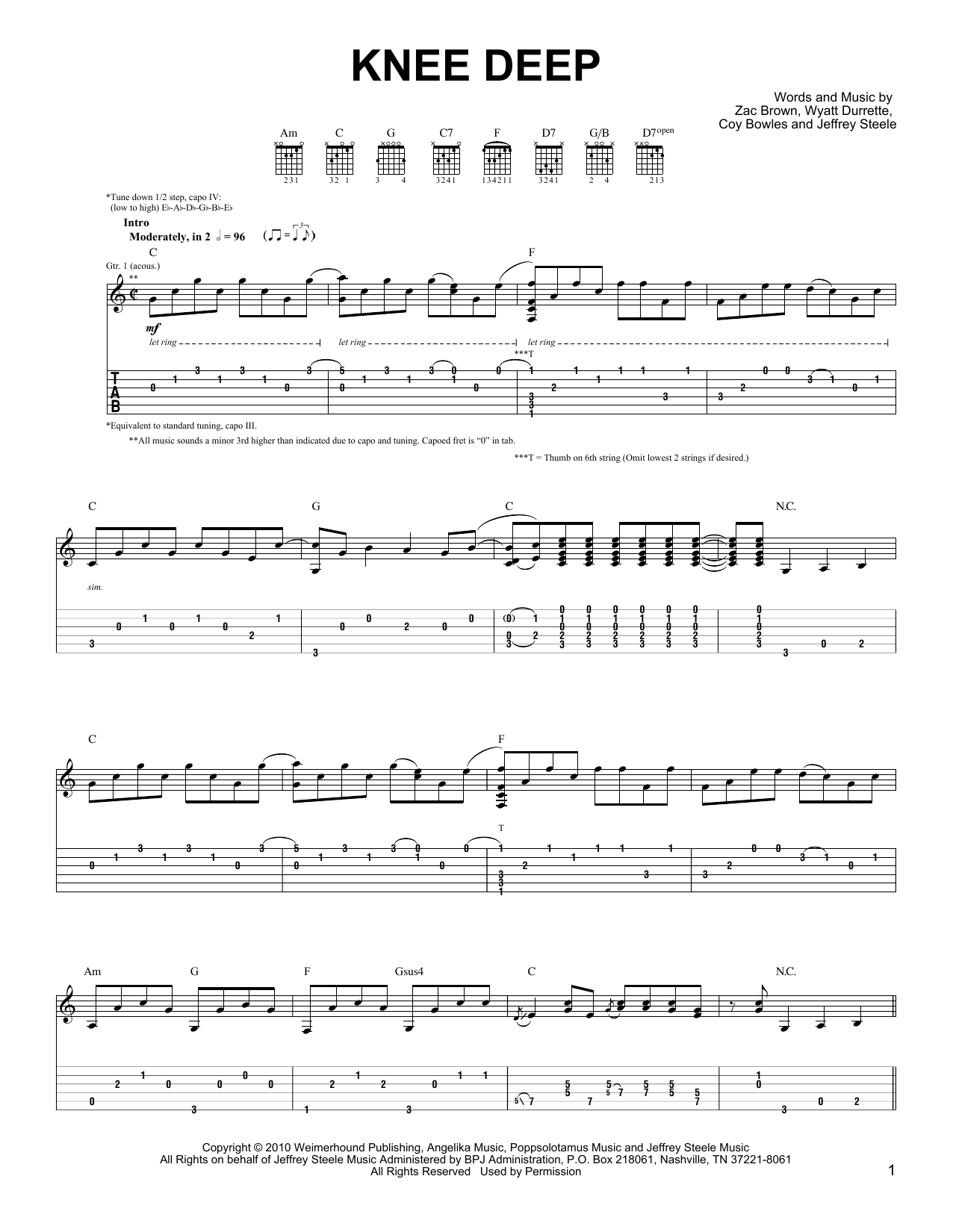 Zac Brown Band Knee Deep Sheet Music Notes & Chords for Piano, Vocal & Guitar (Right-Hand Melody) - Download or Print PDF