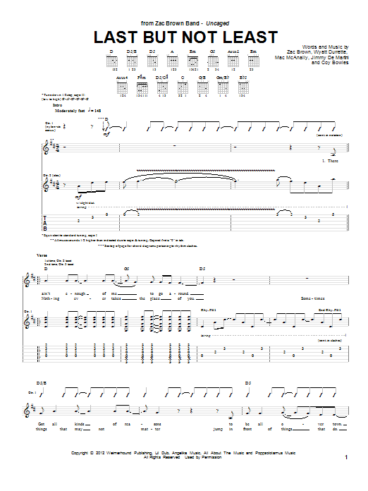 Zac Brown Band Last But Not Least Sheet Music Notes & Chords for Guitar Tab - Download or Print PDF