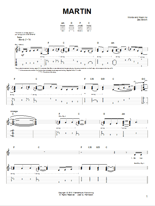 Zac Brown Band Martin Sheet Music Notes & Chords for Piano, Vocal & Guitar (Right-Hand Melody) - Download or Print PDF