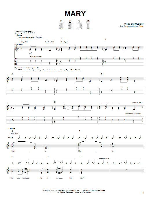 Zac Brown Band Mary Sheet Music Notes & Chords for Lyrics & Chords - Download or Print PDF