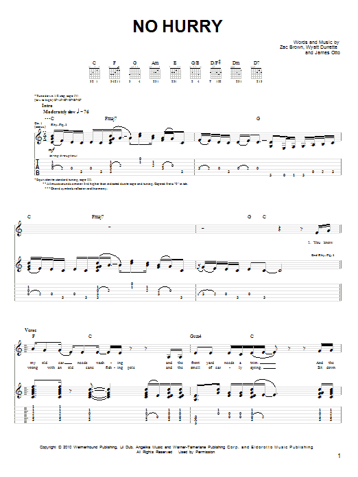 Zac Brown Band No Hurry Sheet Music Notes & Chords for Piano, Vocal & Guitar (Right-Hand Melody) - Download or Print PDF