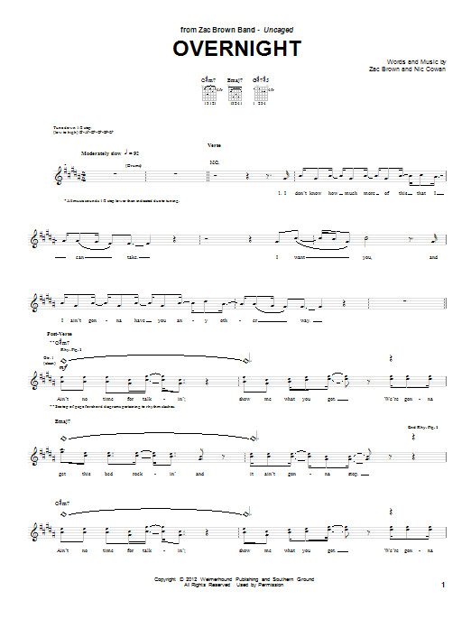 Zac Brown Band Overnight Sheet Music Notes & Chords for Guitar Tab - Download or Print PDF