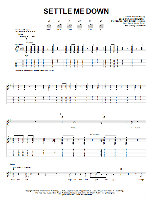 Zac Brown Band Settle Me Down Sheet Music Notes & Chords for Piano, Vocal & Guitar (Right-Hand Melody) - Download or Print PDF