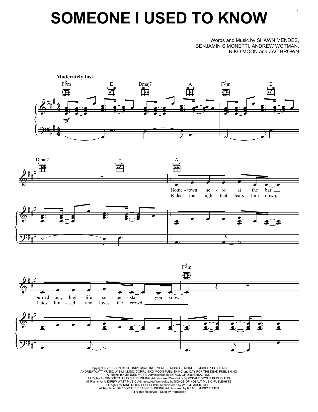 Zac Brown Band Someone I Used To Know Sheet Music Notes & Chords for Piano, Vocal & Guitar (Right-Hand Melody) - Download or Print PDF