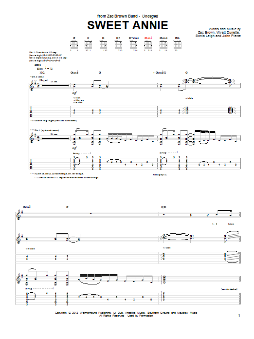 Zac Brown Band Sweet Annie Sheet Music Notes & Chords for Guitar Tab - Download or Print PDF