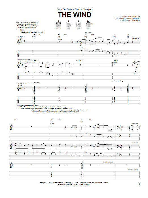 Zac Brown Band The Wind Sheet Music Notes & Chords for Guitar Tab - Download or Print PDF