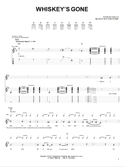 Zac Brown Band Whiskey's Gone Sheet Music Notes & Chords for Easy Guitar - Download or Print PDF