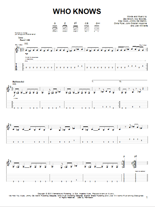 Zac Brown Band Who Knows Sheet Music Notes & Chords for Lyrics & Chords - Download or Print PDF