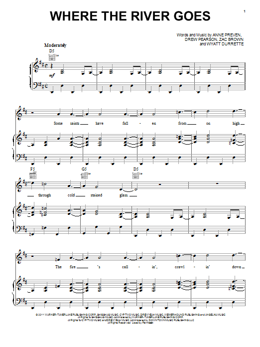 Zac Brown Where The River Goes Sheet Music Notes & Chords for Piano, Vocal & Guitar (Right-Hand Melody) - Download or Print PDF