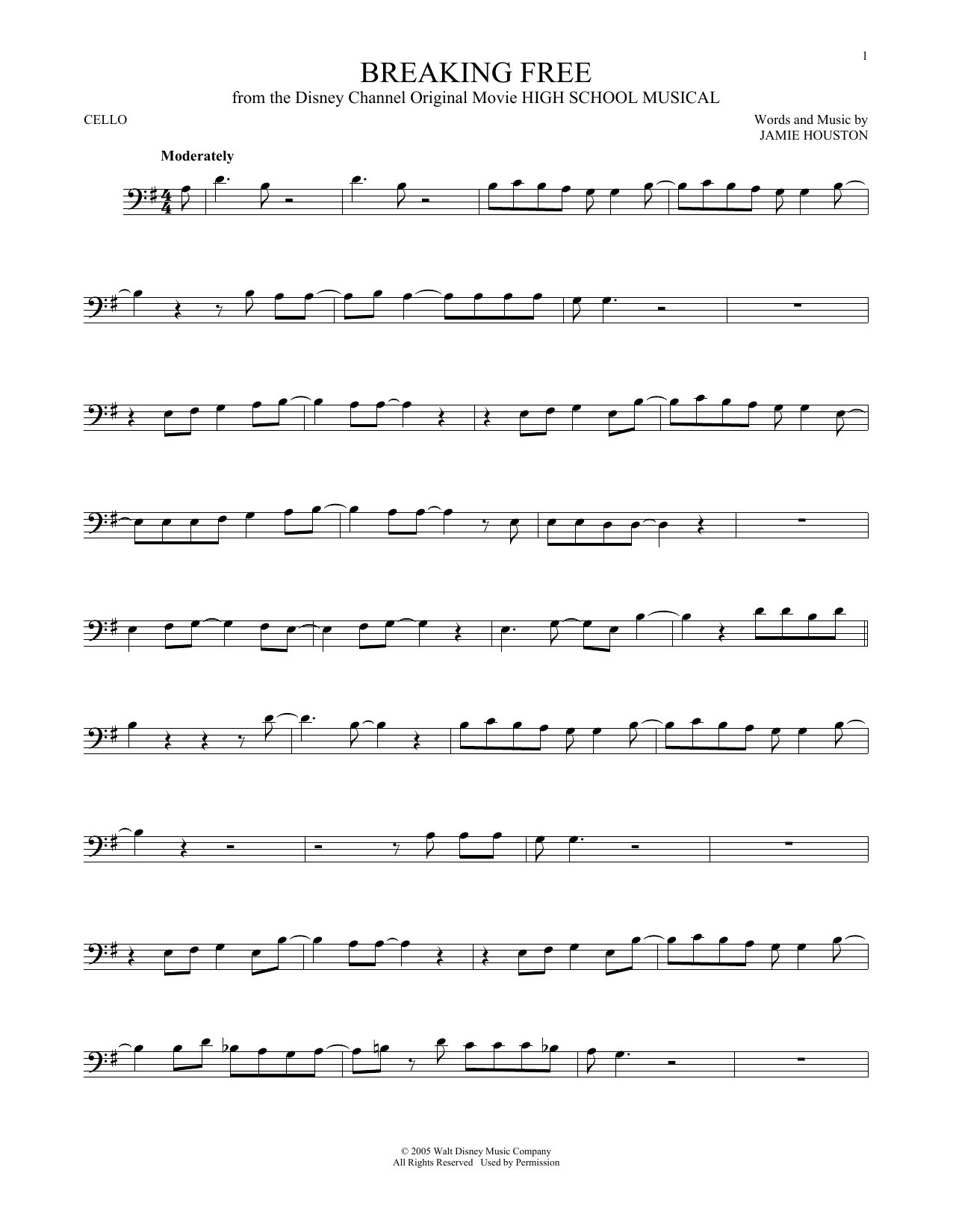 Zac Efron & Vanessa Anne Hudgens Breaking Free (from High School Musical) Sheet Music Notes & Chords for Cello - Download or Print PDF