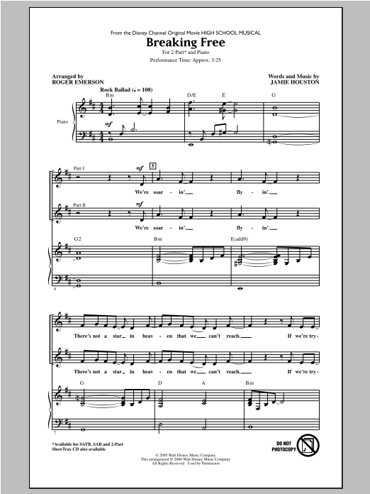 Zac Efron & Vanessa Hudgens Breaking Free (from High School Musical) (arr. Roger Emerson) Sheet Music Notes & Chords for 2-Part Choir - Download or Print PDF