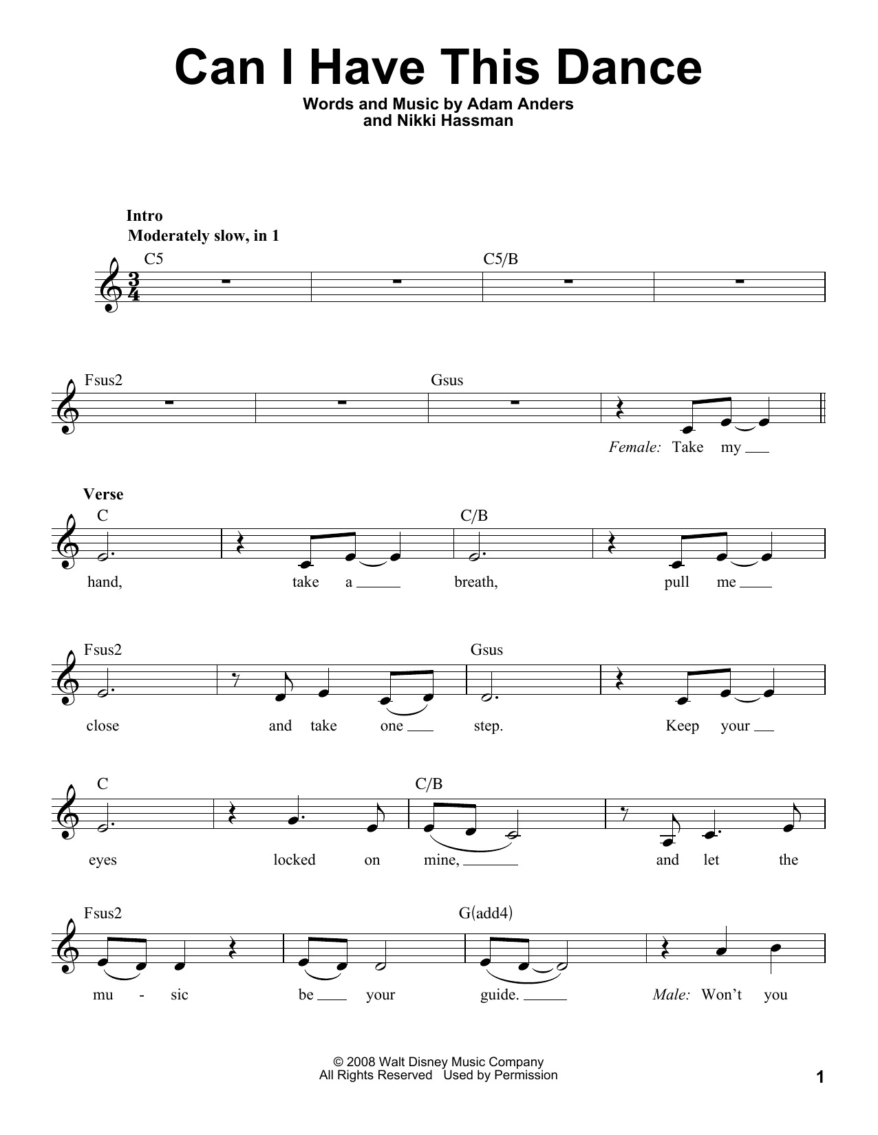 Zac Efron & Vanessa Hudgens Can I Have This Dance Sheet Music Notes & Chords for Melody Line, Lyrics & Chords - Download or Print PDF