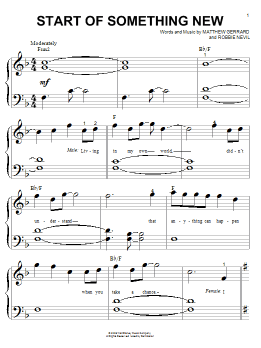 Zac Efron Start Of Something New Sheet Music Notes & Chords for Piano (Big Notes) - Download or Print PDF