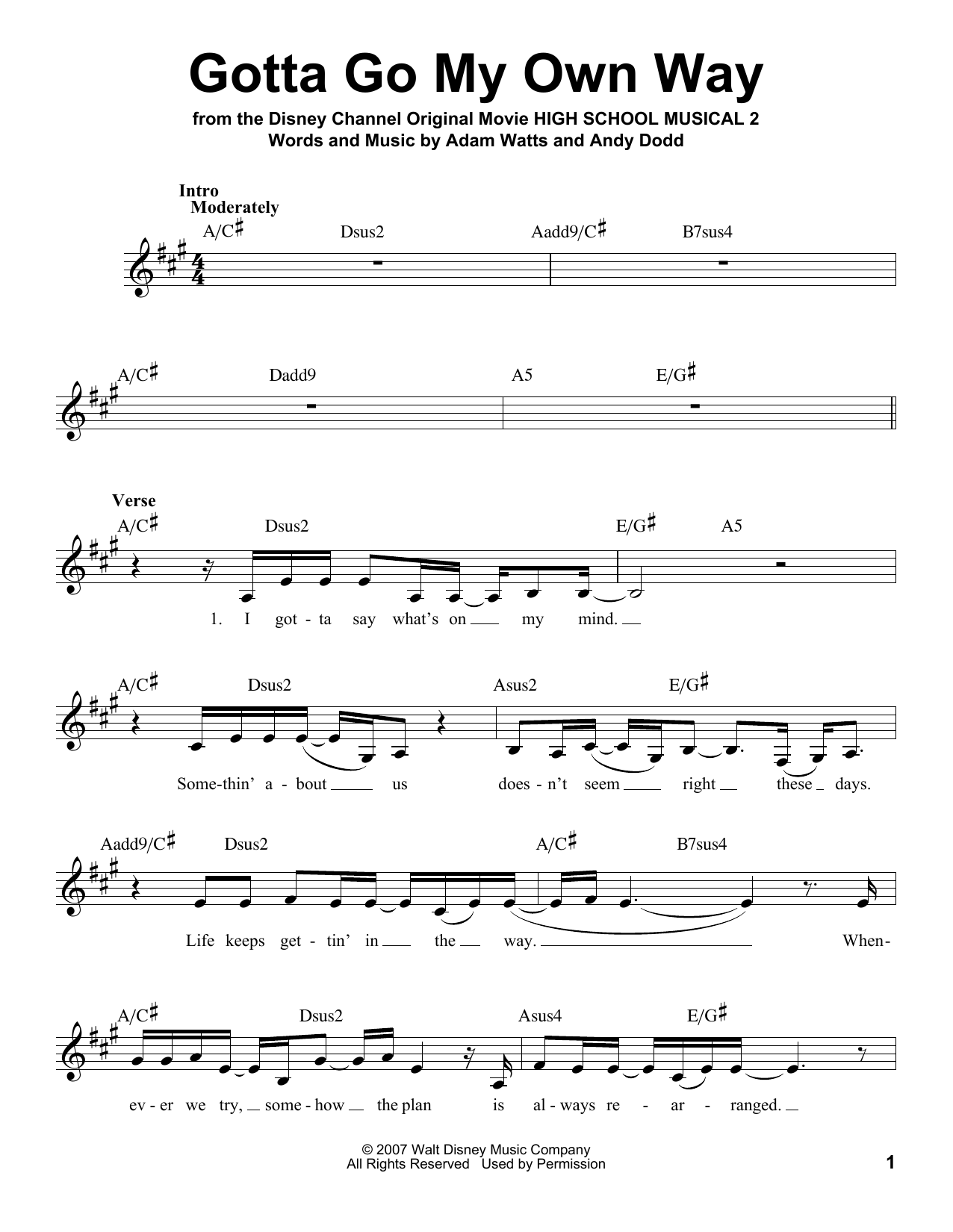 Zac Efron and Vanessa Anne Hudgens Gotta Go My Own Way Sheet Music Notes & Chords for Melody Line, Lyrics & Chords - Download or Print PDF
