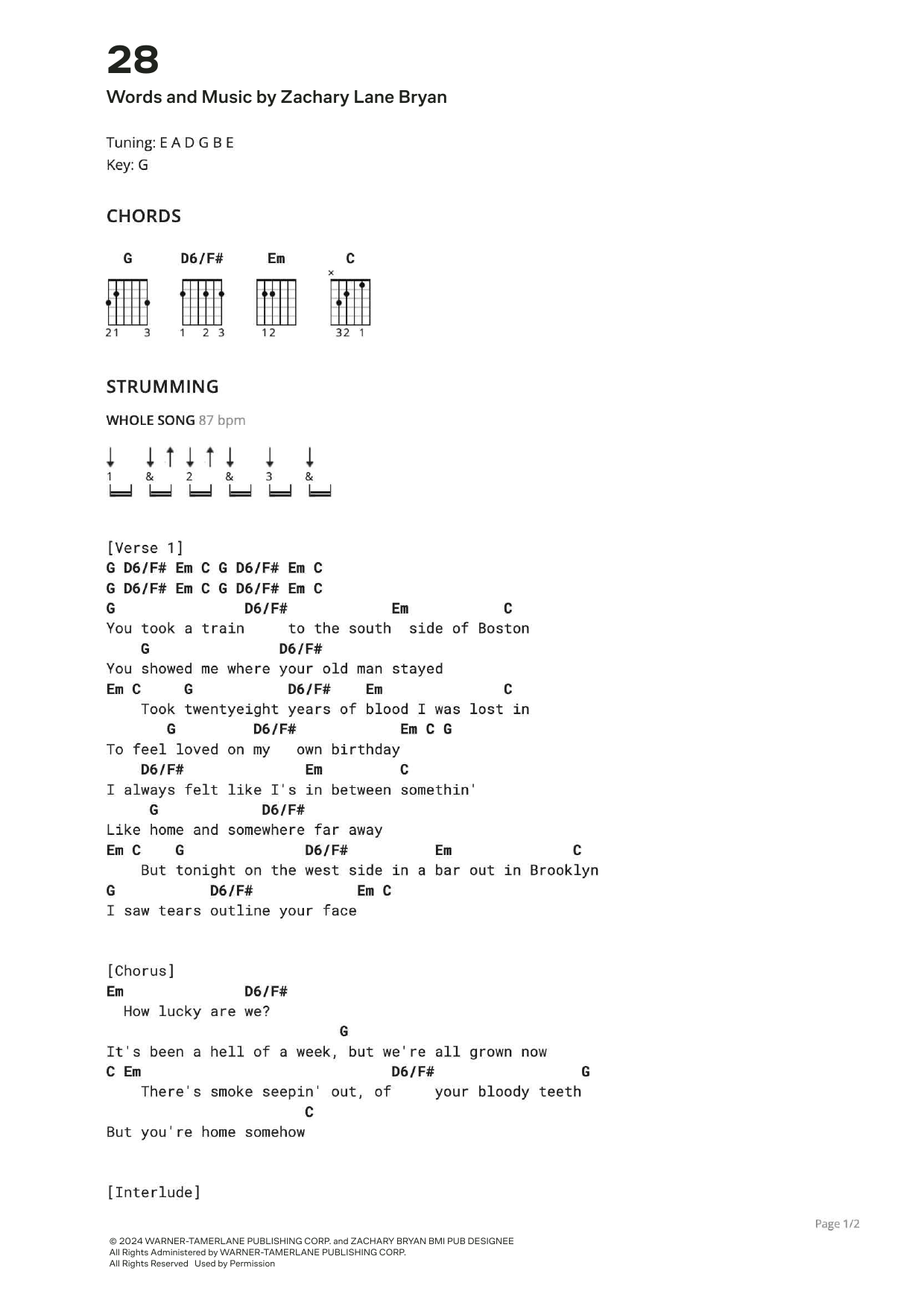 Zach Bryan 28 Sheet Music Notes & Chords for Ultimate Guitar - Download or Print PDF