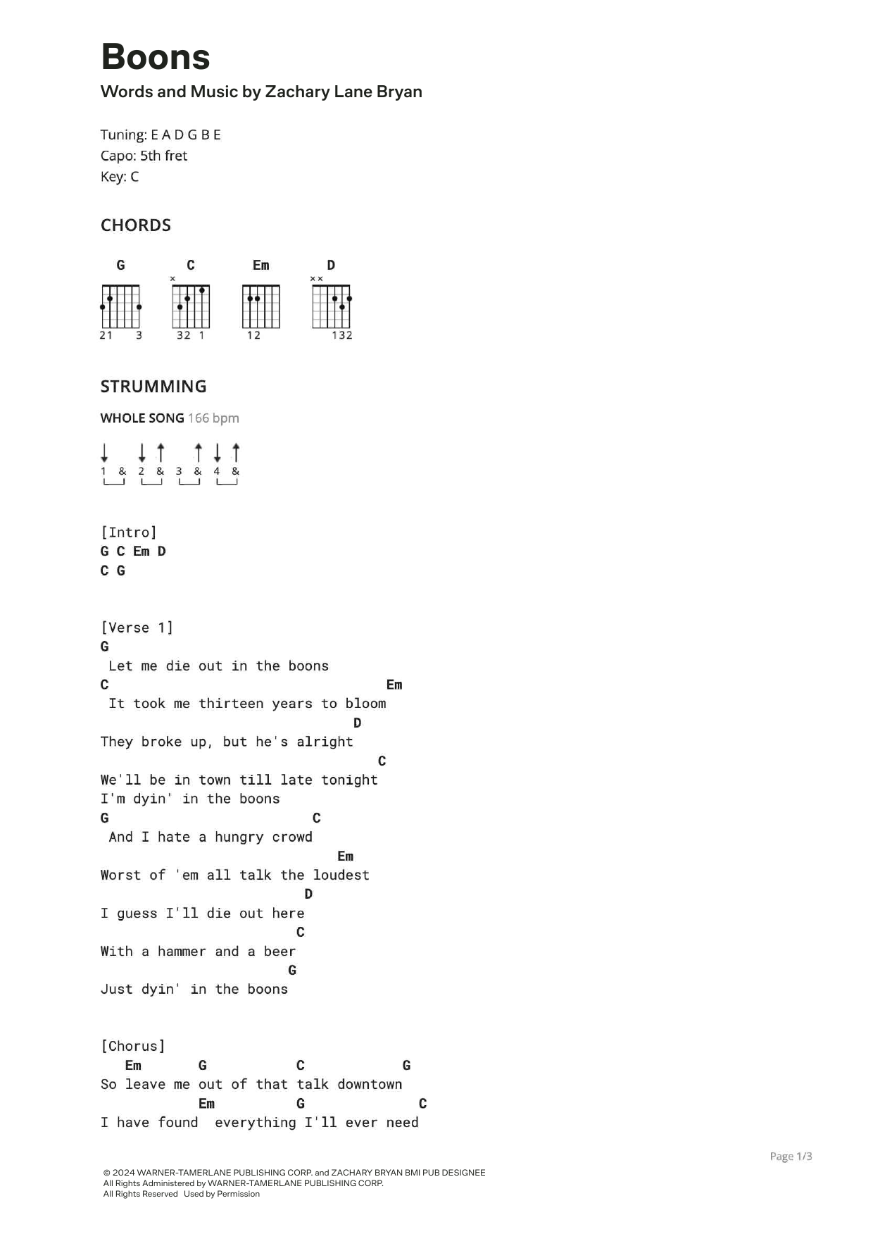 Zach Bryan & Noeline Hoffman Boons Sheet Music Notes & Chords for Ultimate Guitar - Download or Print PDF