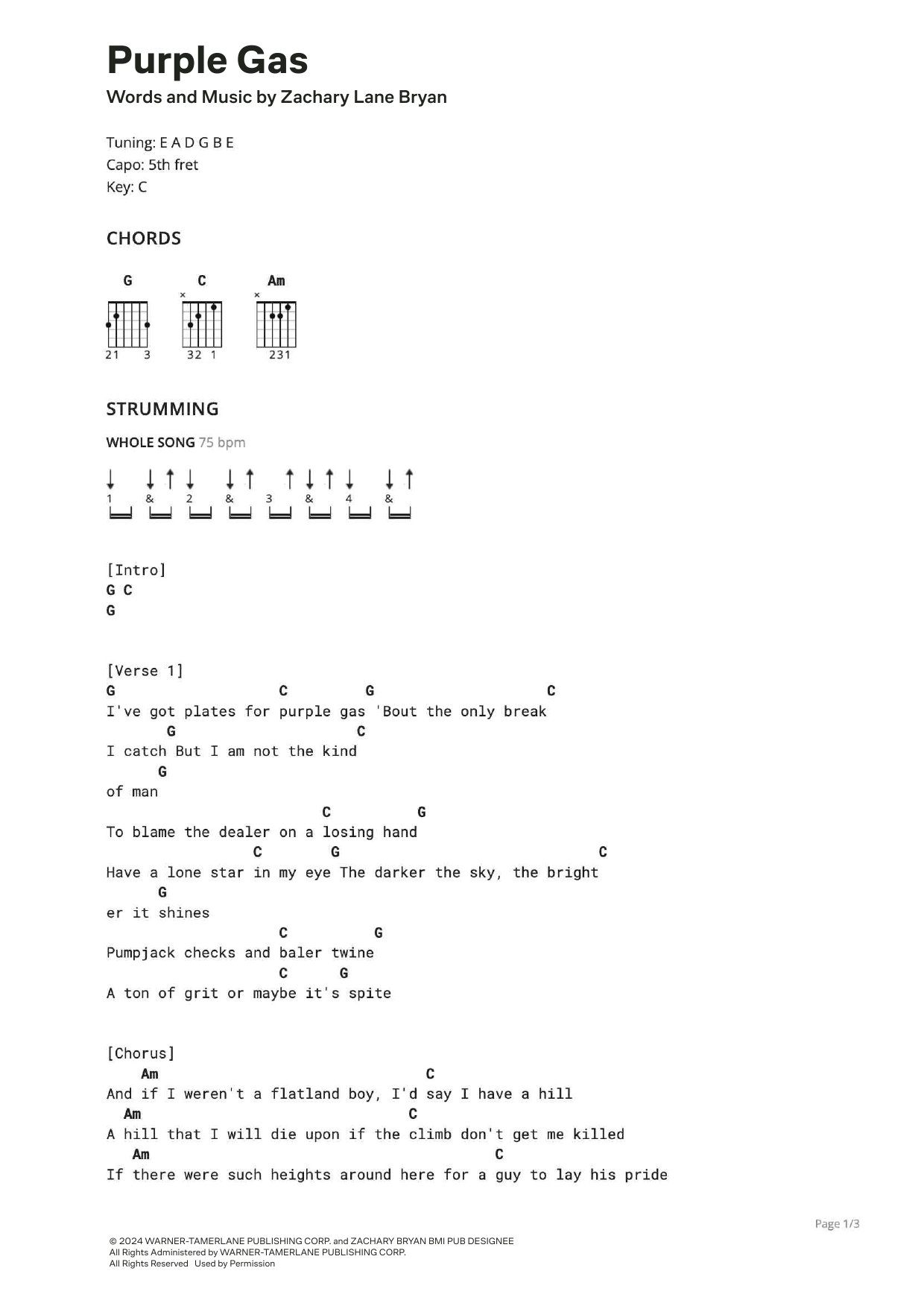 Zach Bryan & Noeline Hoffman Purple Gas Sheet Music Notes & Chords for Ultimate Guitar - Download or Print PDF