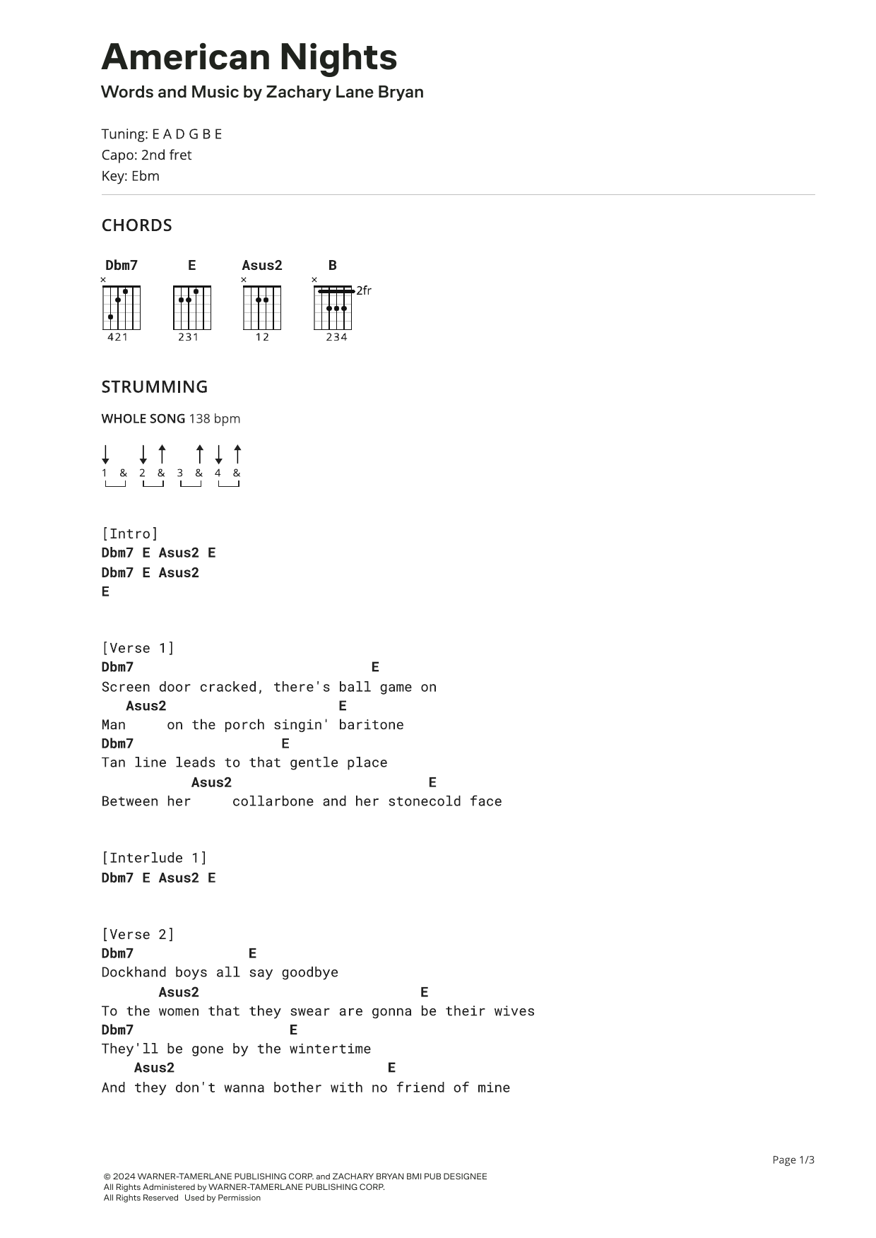 Zach Bryan American Nights Sheet Music Notes & Chords for Ultimate Guitar - Download or Print PDF