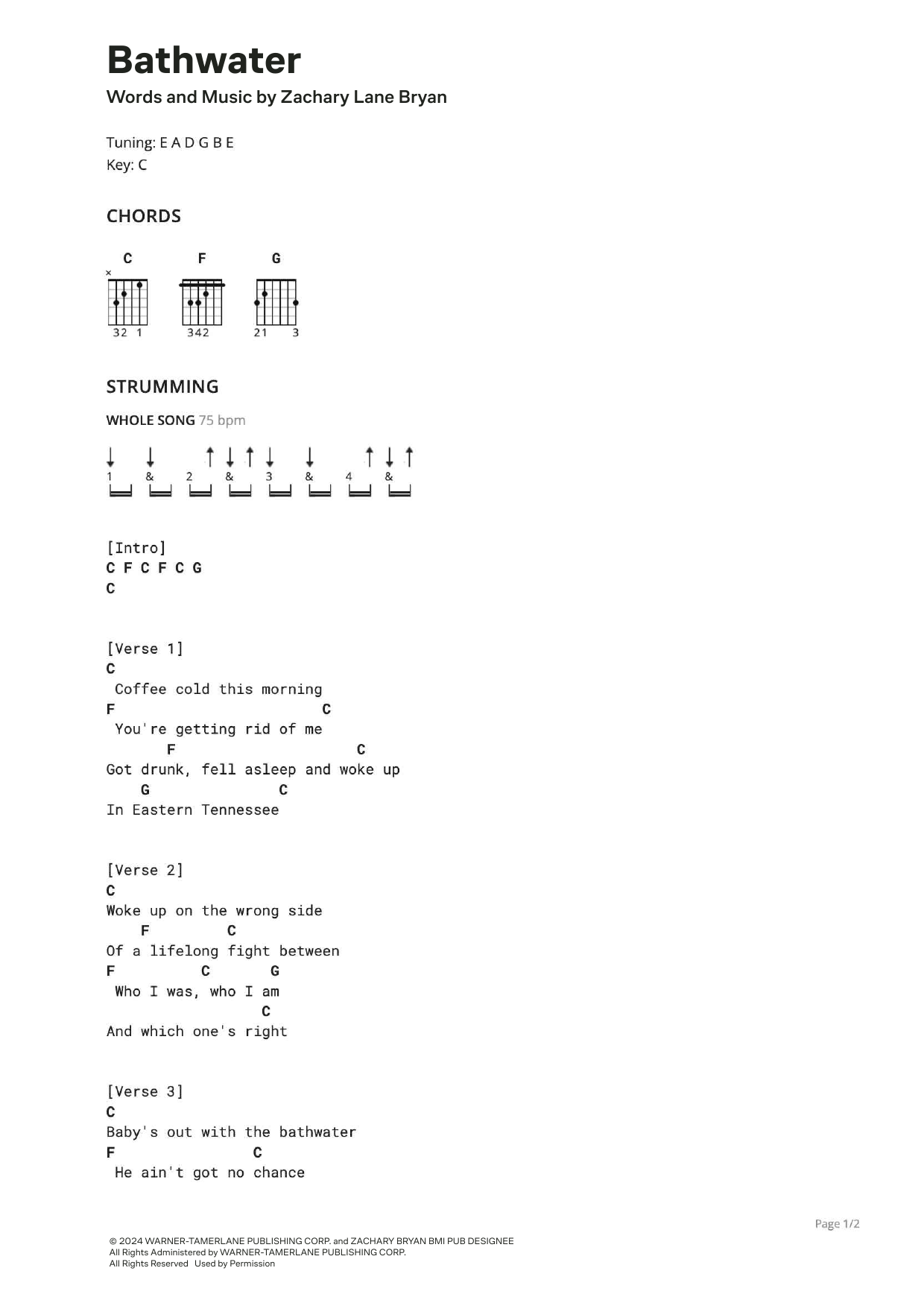 Zach Bryan Bathwater Sheet Music Notes & Chords for Ultimate Guitar - Download or Print PDF