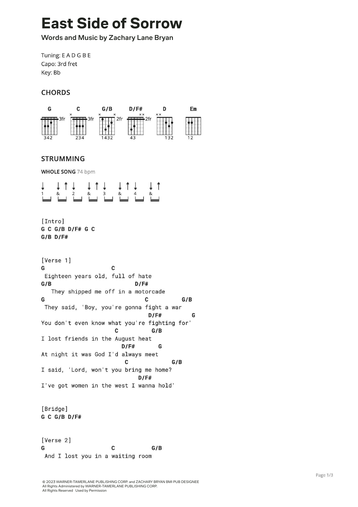 Zach Bryan East Side Of Sorrow Sheet Music Notes & Chords for Ultimate Guitar - Download or Print PDF