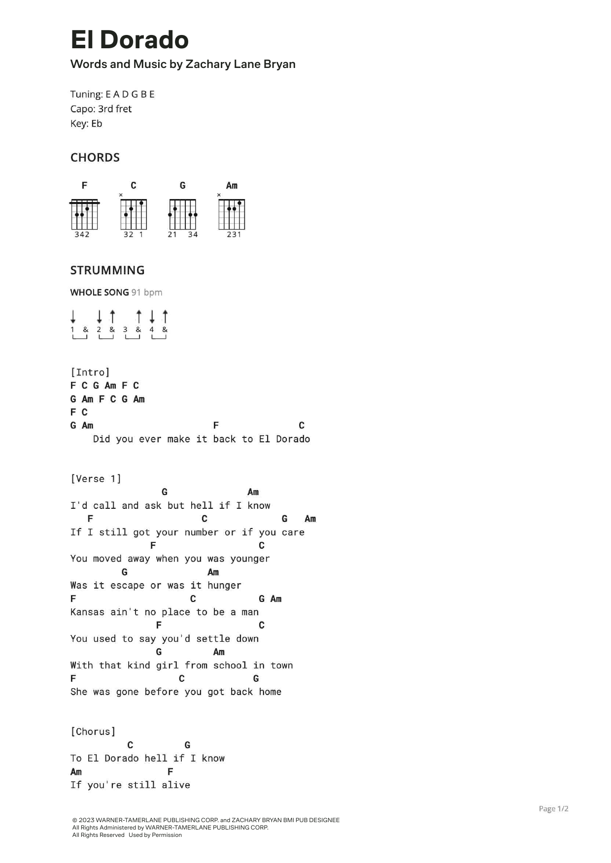 Zach Bryan El Dorado Sheet Music Notes & Chords for Ultimate Guitar - Download or Print PDF