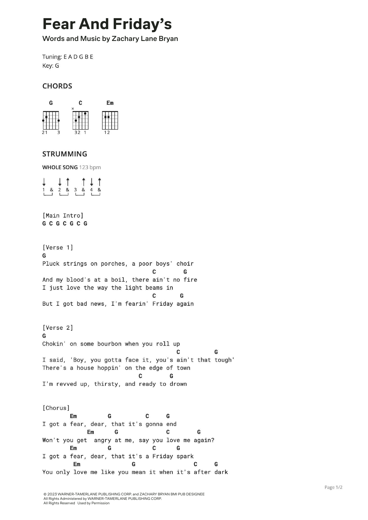 Zach Bryan Fear And Friday's Sheet Music Notes & Chords for Ultimate Guitar - Download or Print PDF