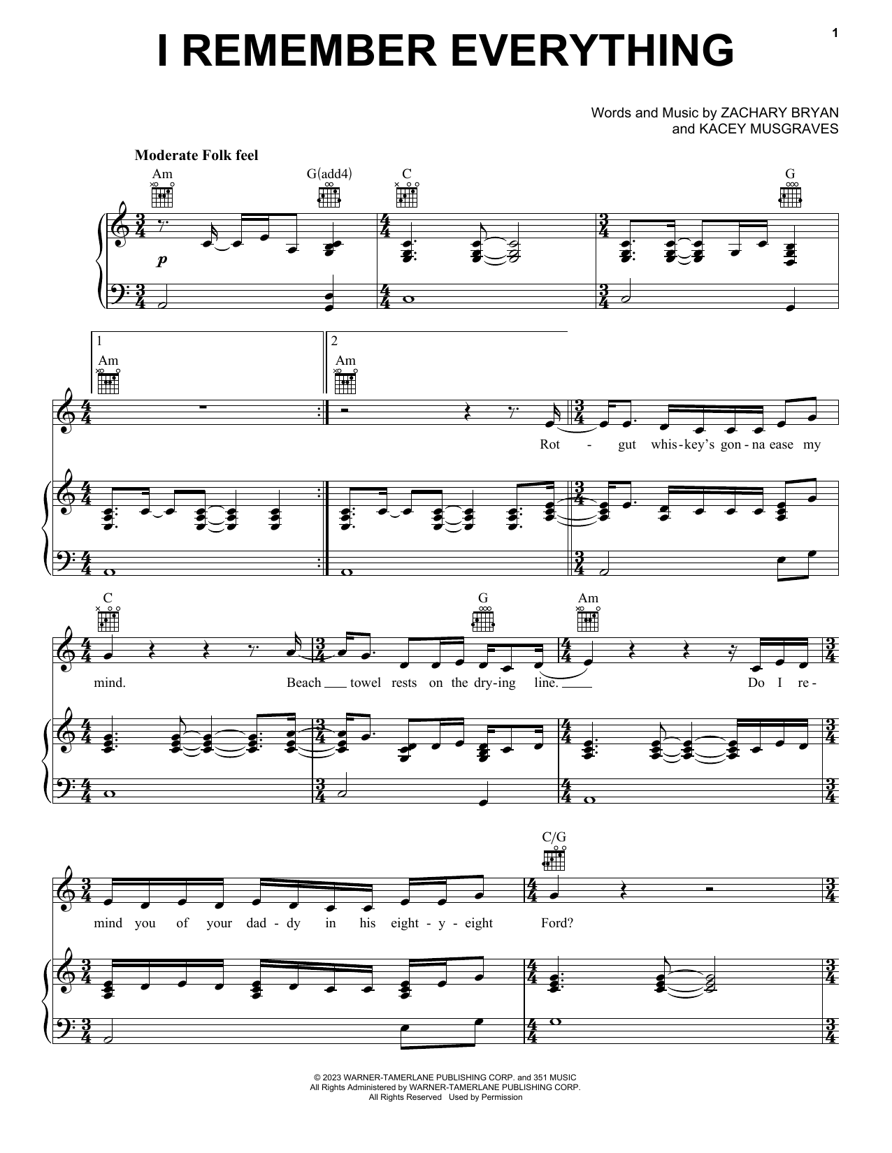 Zach Bryan feat. Kacey Musgraves I Remember Everything (feat. Kacey Musgraves) Sheet Music Notes & Chords for Piano, Vocal & Guitar Chords (Right-Hand Melody) - Download or Print PDF