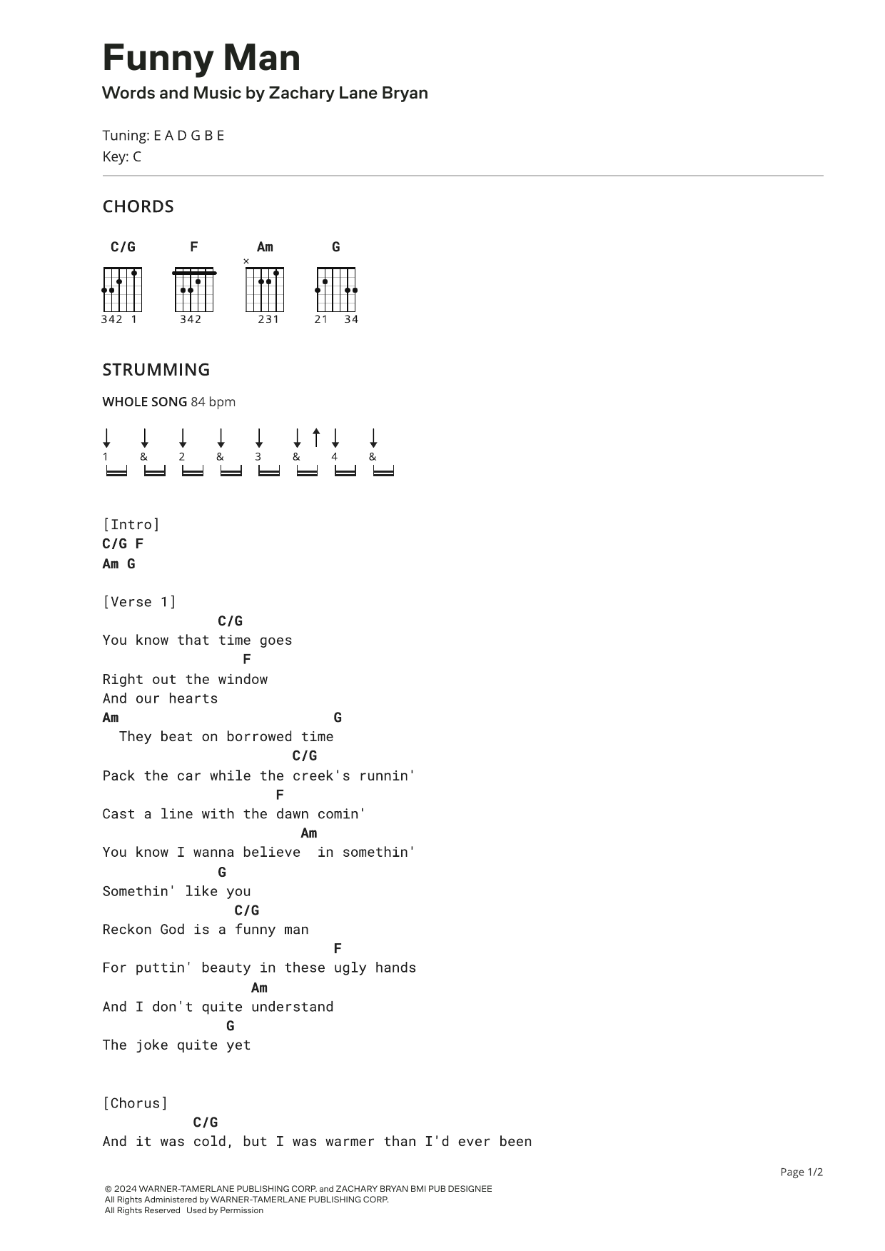 Zach Bryan Funny Man Sheet Music Notes & Chords for Ultimate Guitar - Download or Print PDF