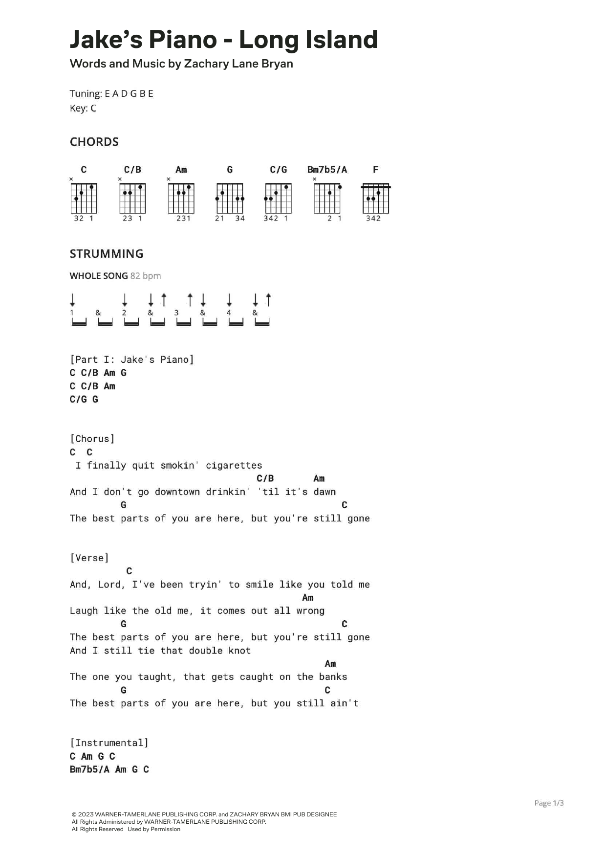 Zach Bryan Jake's Piano - Long Island Sheet Music Notes & Chords for Ultimate Guitar - Download or Print PDF